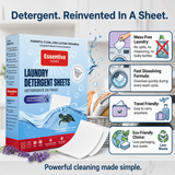 Essentiva Home Laundry Detergent Sheets box shown in a clean promotional layout with a white sheet of detergent sheets, water splashes, and feature callout panels. The box is blue and white with red accents, and the text reads 'Detergent.