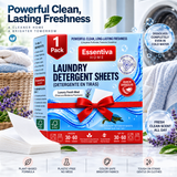 Essentiva Home Laundry Detergent Sheets 1-pack box shown in a clean promotional layout with stacks of white sheets, a basket of lavender, and laundry-themed text callouts on a white background.