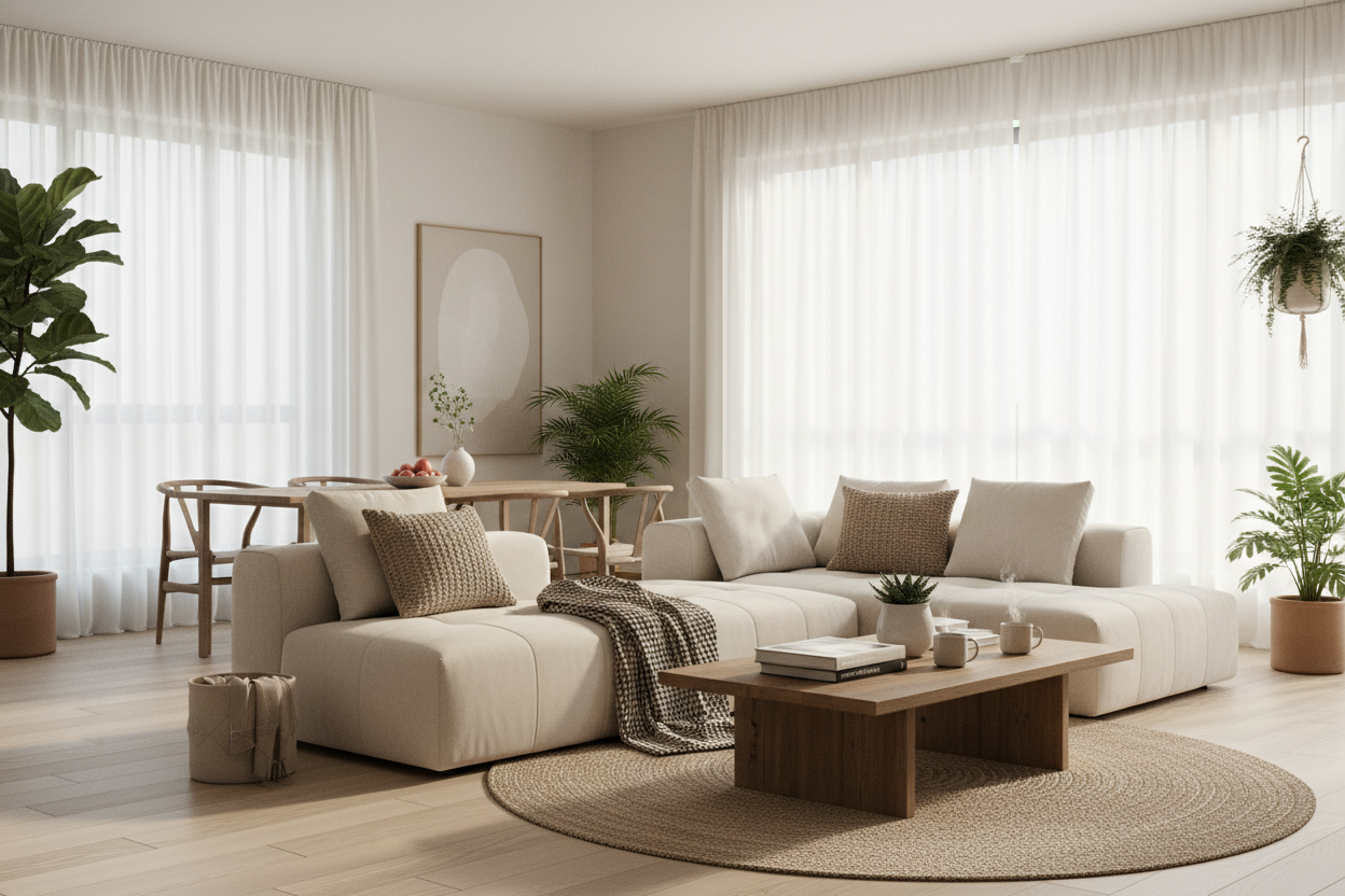 A high-resolution hero image of a cozy modern living room filled with natural light. The room features large windows with white curtains, beige and neutral tones, soft textiles, wooden furniture, indoor plants, and minimalistic decor. Include a comfortable sofa with cushions, a coffee table with books and mugs, and a dining table in the background. The atmosphere should feel warm, welcoming, and calm — perfect for an eco-friendly home brand. No text, no people, no logos, just a clean interior composition in