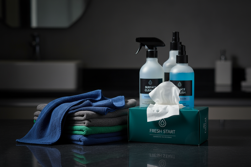 Banner square, cleaning products microfiber cloth, wet wipes, dark overlay.